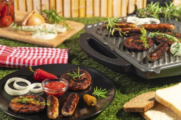 Various grilled dishes and spices on a plate and grill in the sunlight