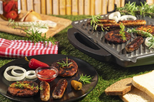 Burgers and sausages on a plate and grill with bread, rosemary and ketchup in a summery atmosphere