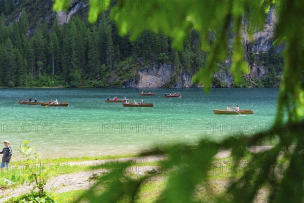 Several boats on a turquoise-coloured lake, surrounded by a green forest and summer atmosphere, Pragser Wildsee, South Tyrol, Dolomites, Italy