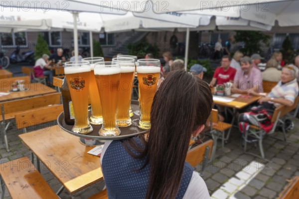 Waitress serving six glasses of wheat beer on a tray to the tables of a garden restaurant, Bavaria, Germany