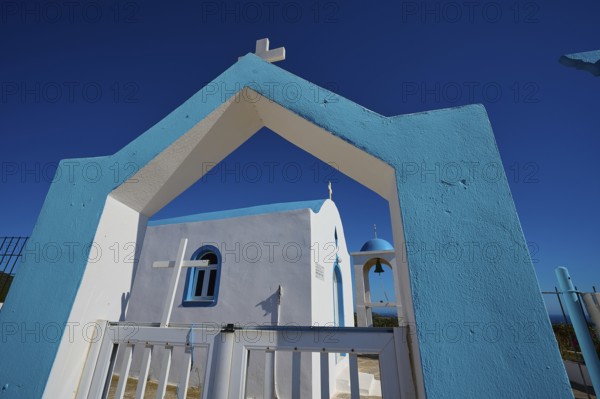 Chapel of Agios Charalambos, Blue and white Mediterranean church with an inviting entrance under a clear sky, Kefalos, Kos, Dodecanese, Greek Islands, Greece