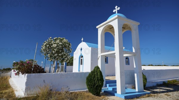 Chapel of Agios Charalambos, chapel with cross and bell tower in a natural setting, Kefalos, Kos, Dodecanese, Greek Islands, Greece