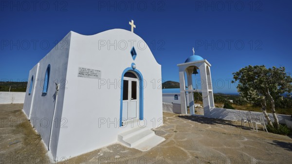 Chapel of Agios Charalambos, White chapel with blue detail and free-standing bell tower, Kefalos, Kos, Dodecanese, Greek Islands, Greece
