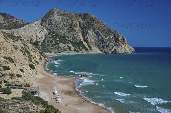 Beach, Kavo Paradiso, Paradise Beach, bay with sandy beach, surrounded by rocky coast and blue sea, Kefalos, Kos, Dodecanese, Greek Islands, Greece