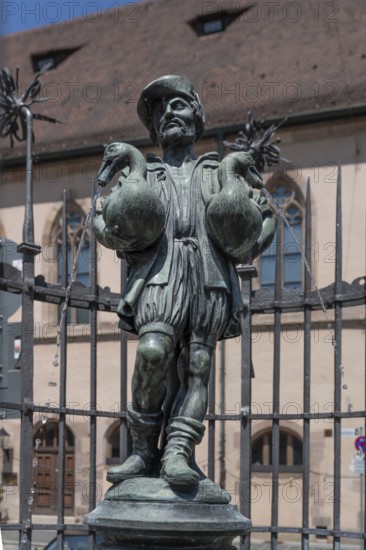 Goose-man fountain, created by the ore caster Pankraz Labenwolf around 1550, Rathausplatz, Nuremberg, Middle Franconia, Bavaria, Germany