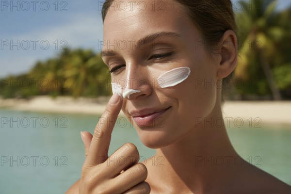 Woman applying sunscreen on her nose. Close-up beach portrait capturing sun care and summer serenity. Generative ai, AI generated