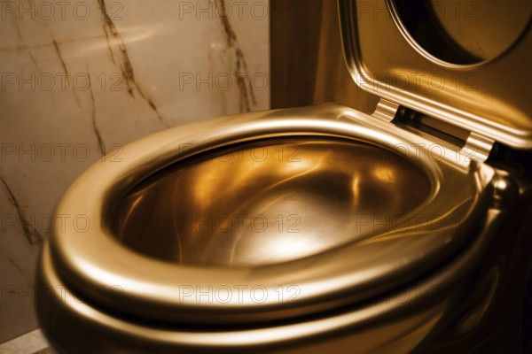 Luxurious glden toilet bowl against marble tiles. Concept for excessive decadent wealth. Generative AI, AI generated