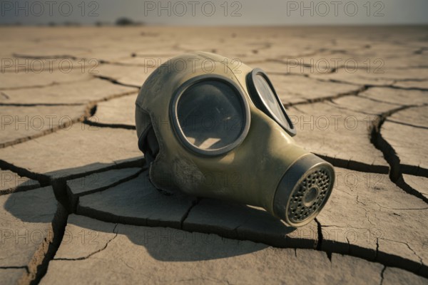 Gas mask on cracked earth. Symbol of environmental collapse and human vulnerability. Generative ai, AI generated