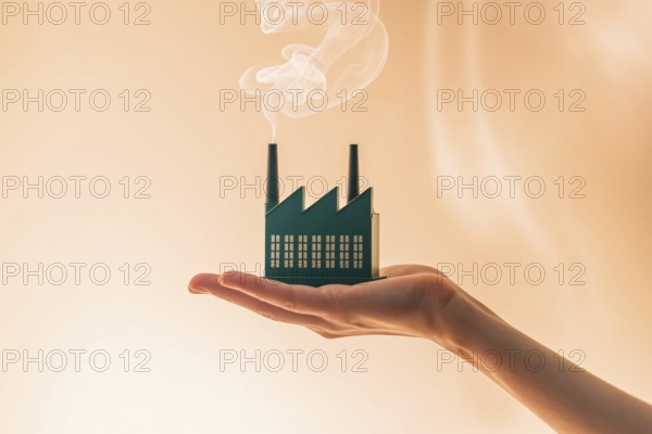 A detailed miniature green factory model with smoke held in hand against white background. Concept for greenwashing and environmental illusion. Generative ai, AI generated