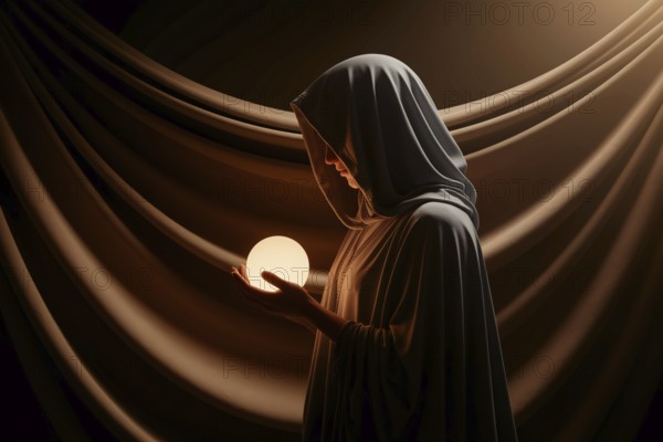 Side profile of hooded figure holding glowing orb in warm mystical light. Ethereal and contemplative atmosphere. Generative ai, AI generated