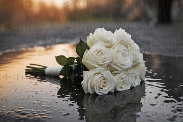 White rose wedding bouquet in puddle during heavy rain. Dramatic image symbolizes heartbreak and the emotional weight of a ruined wedding. Generative AI, AI generated