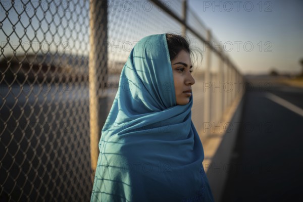 Young female immigrant in turquoise hijab at border crossing. Quiet resilience and contemplation against chain-link fence. Generative ai, AI generated