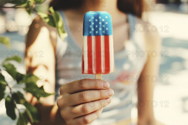 Woman holding melting American flag colored popsicle on sunny beach symbolizing summer and patriotic pride. Generative AI, AI generated