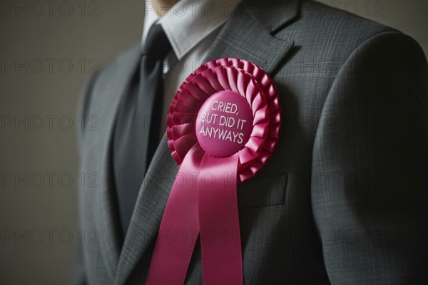Satirical rosette on men's suit with text I cried, but I did it anyways. Irony of self-congratulation and exaggerated male fragility. Generative AI, AI generated