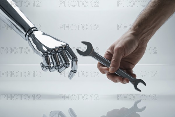 Robot hand and man'S hand with wrench work tool. Symbolic concept of AI assisting human labor. Generative ai, AI generated