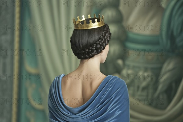 Back view of woman in golden crown. Elegant portrait symbolizes female empowerment and female leadership Generative Ai, AI generated