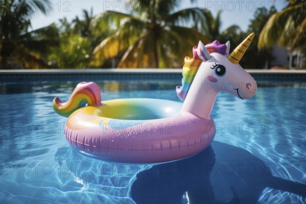 Colorful unicorn pool float drifting in sunny tropical pool. Playful summer scene captures leisure, fun, and childhood nostalgia. Generative ai, AI generated