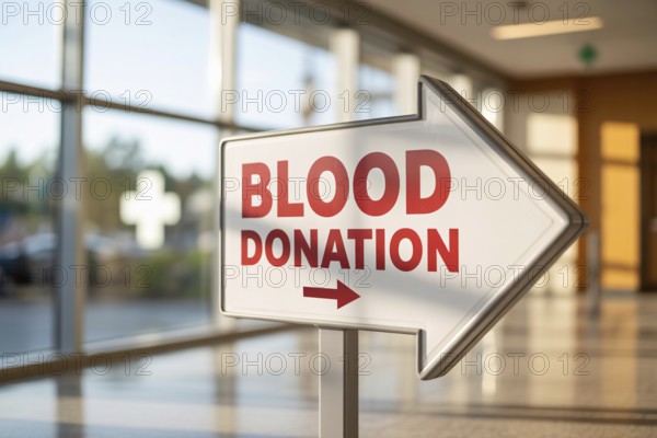 White directional arrow sign with red Blood Donation text inside a hospital. Generative Ai, AI generated