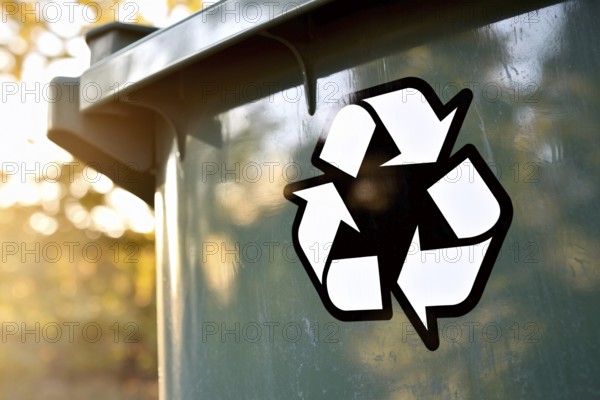 Close-up of recycling symbol sticker on weathered green garbage can. Warm sunlight filters through trees, highlighting eco-friendly message. Generative ai, AI generated