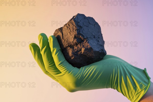 Green glove holding coal. A symbolic image critiquing greenwashing and environmental hypocrisy. Generative ai, AI generated