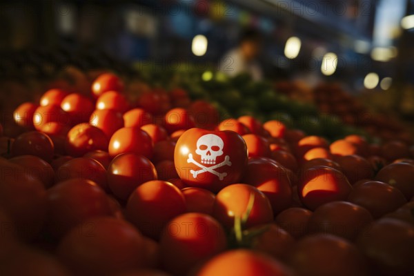 Poison skull painted on tomato highlights hidden pesticide danger in everyday produce. Generative ai, AI generated