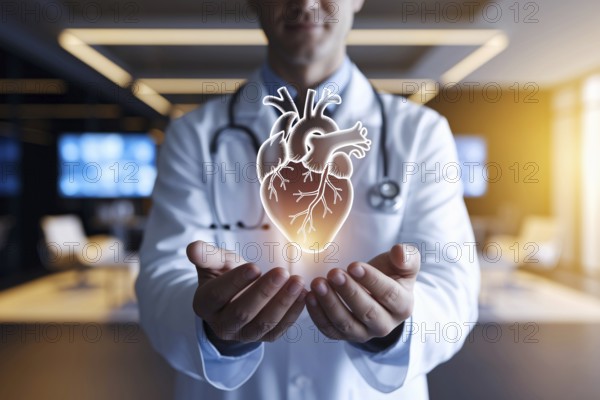 Male doctor holding glowing virtual human heart hologram in modern medical office or research office, AI generated