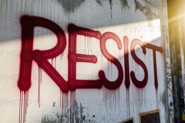 Urban resistance graffiti in bold red letters on sunlit concrete wall. Generative ai, AI generated
