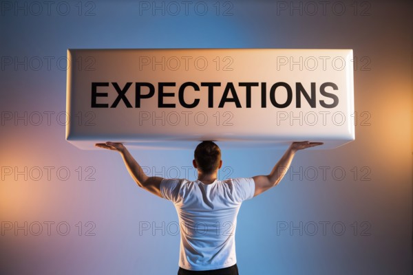 Back view of man straining under reflective block labeled expectations in front of studio background, symbolizing male gender roles and societal pressure. Generative AI, AI generated