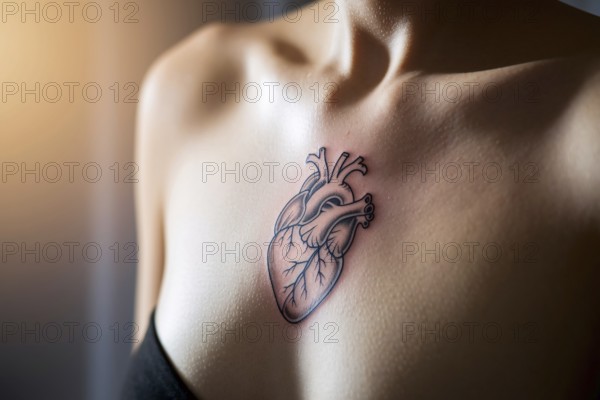 Heart tattoo on woman's chest with anatomical placement. Generative AI, AI generated