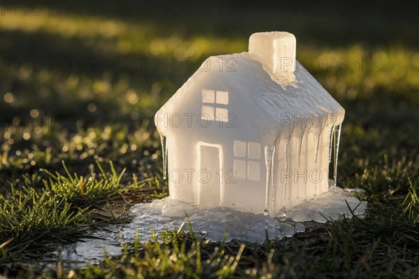 Melting ice cube house on grass under sun, symbolizing air conditioning, climate change, and environmental fragility, Generative AI, AI generated