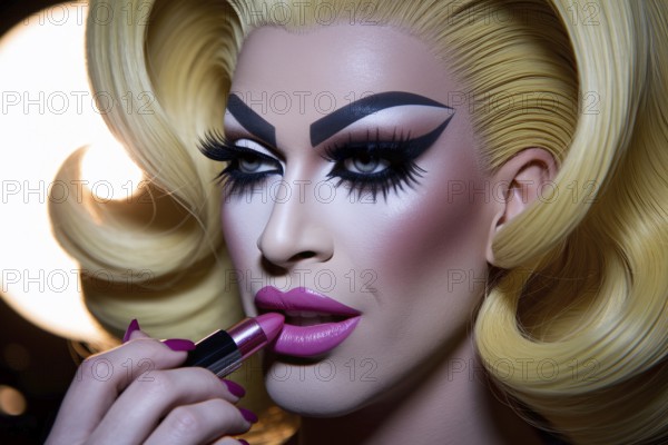 Drag queen with yellow blonde hair applying bright pink lipstick. Generative AI, AI generated
