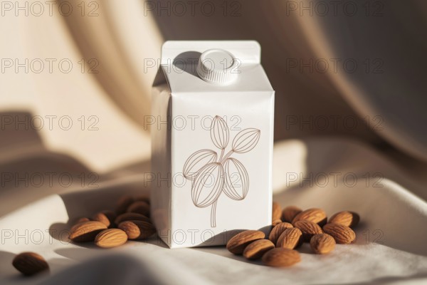 Photorealistic almond milk carton with hand-drawn almond branch illustration and no text in warm natural setting. Generative ai, AI generated
