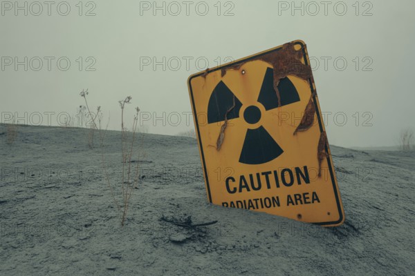 Radiation warning sign with text Caution Radiation Area in scorched earth. Symbol for danger of nuclear war and environmental decay. Generative ai, AI generated