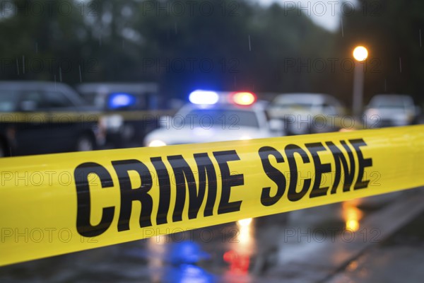 Close up of yellow crime scene tape with water droplets stretches across a rainy street with police car in blurry background. Generative ai, AI generated