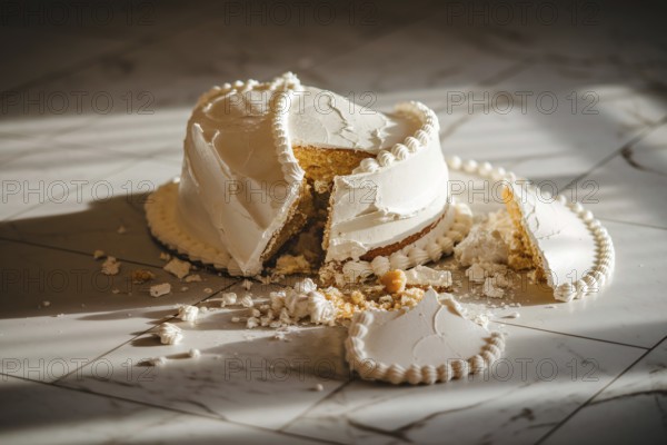 Shattered wedding cake in pieces on pristine marble floor under warm indoor lighting. Generative ai, AI generated