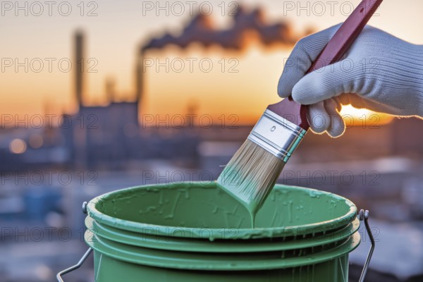 A green paint bucket with brush in industrial setting. Symbol of greenwashing in corporate sustainability. Generative ai, AI generated
