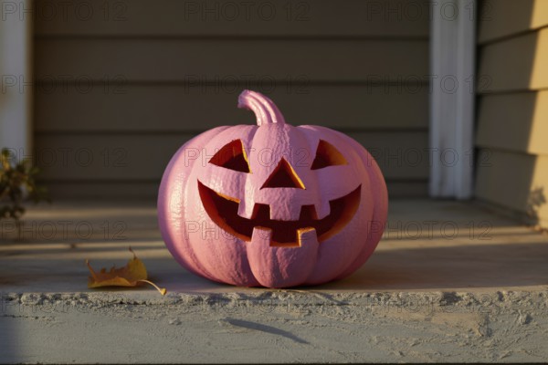 Pink spray-painted Halloween pumpkin with carved face on front porch Generative ai, AI generated