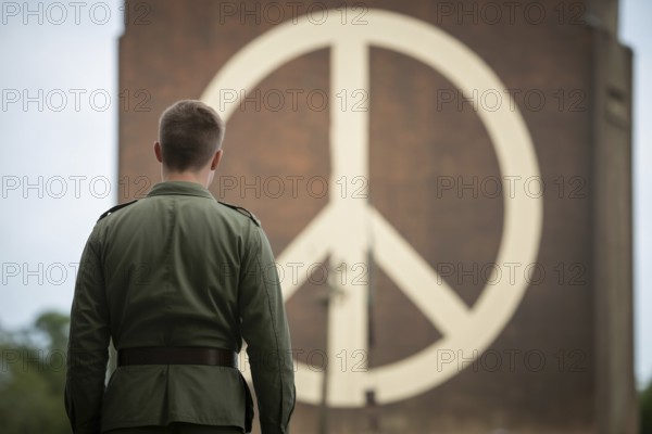 Back view of solitary soldier facing peace symbol on brick wall. Symbol of reflection, hope, and contrast between war and peace. Generative AI, AI generated