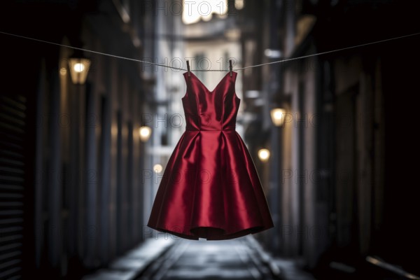 Red dress hanging alone in alley. Symbol of missing women and gender-based violence. Generative Ai, AI generated