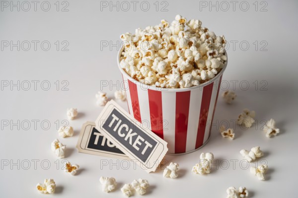 Red and white striped popcorn bucket with vintage movie tickets on white surface. Generative ai, AI generated