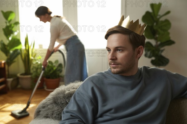 Man with golden crown relaxing on couch while woman vacuums in background. Concept of patriarchal carework imbalance and male privilege. Generative ai, AI generated