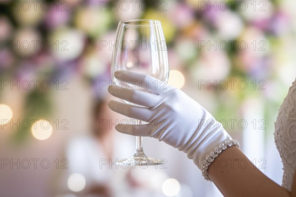 White silk glove holding empty wine glass at wedding reception. Generative Ai, AI generated