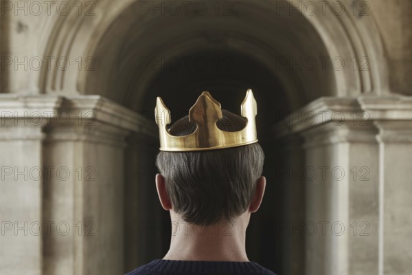 Man wearing golden crown seen from behind. Formal portrait evokes themes of monarchy, power, and traditional patriarchy. Generative ai, AI generated