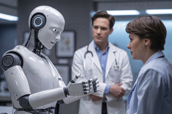 AI robot doctor in white coat explains diagnosis to patient as human doctor watches. Scene explores the rising role of artificial intelligence in modern medicine. Generative ai, AI generated