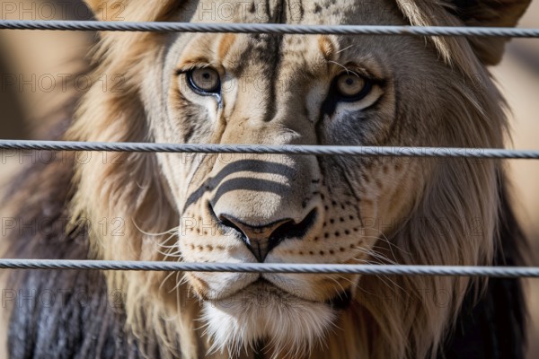 Close-up of a lion behind a fence in a zoo. Powerful wildlife portrait highlighting captivity. Generative ai, AI generated