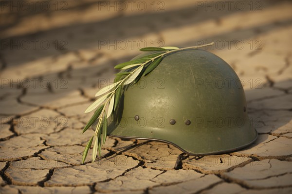 Weathered military helmet with olive branch on cracked earth. Symbolic image of peace emerging from the scars of war. Generative Ai, AI generated
