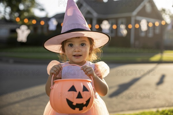 Young child in pastel pink witch costume holding empty jack-o'-lantern bucket in warm autumn setting, embodying hope and Halloween anticipation. Generative ai, AI generated