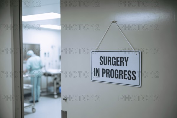 Hospital room door with surgery in progress sign. Sterile clinical environment with medical urgency. Generative ai, AI generated