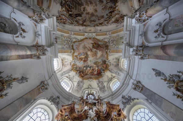 Vault with ceiling fresco above the chancel in the baroque Basilica of St Alexander and Theodor, Ottobeuren Monastery, Ottobeuren, Unterallgäu, Bavaria, Germany