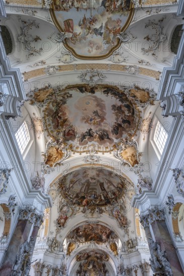Ceiling vault with ceiling frescoes in the baroque Basilica of St Alexander and Theodor, Ottobeuren Monastery, Ottobeuren, Unterallgäu, Bavaria, Germany
